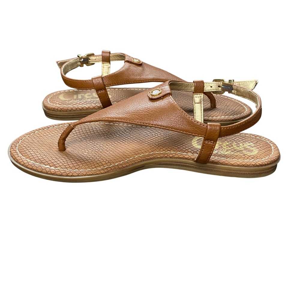 Circus by Sam Edelman Women Tan T-Strap Thong Sandal Buckle Ankle Strap Flat 7.5 - Picture 3 of 13